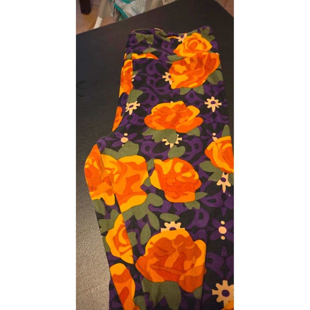 LuLaRoe Tall and Curvy Leggings Orange Roses Purple Floral Print TC Plus Size